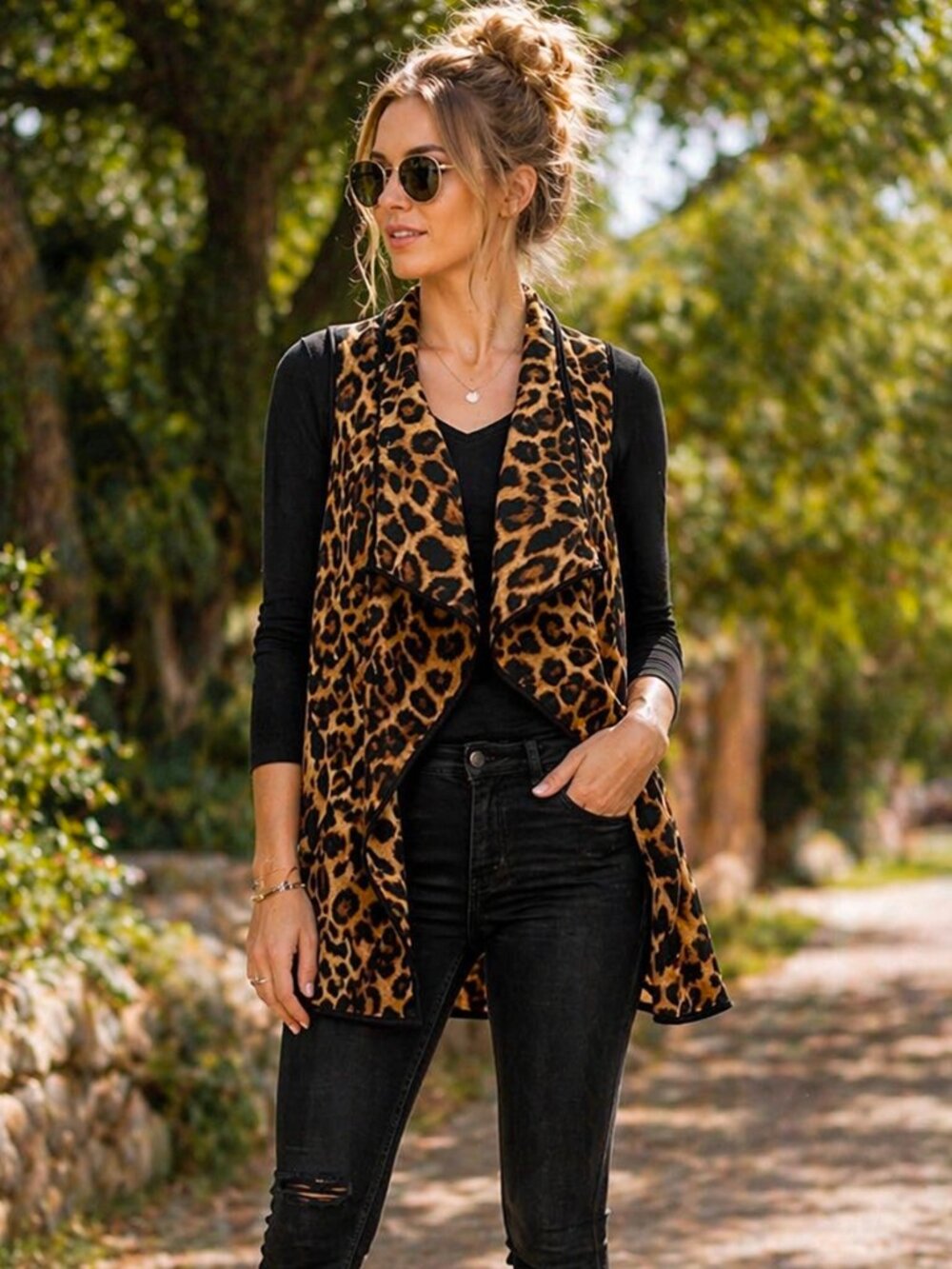 Sweet Lovely by Jen Leopard Print Open Front Waterfall Vest Women's Small